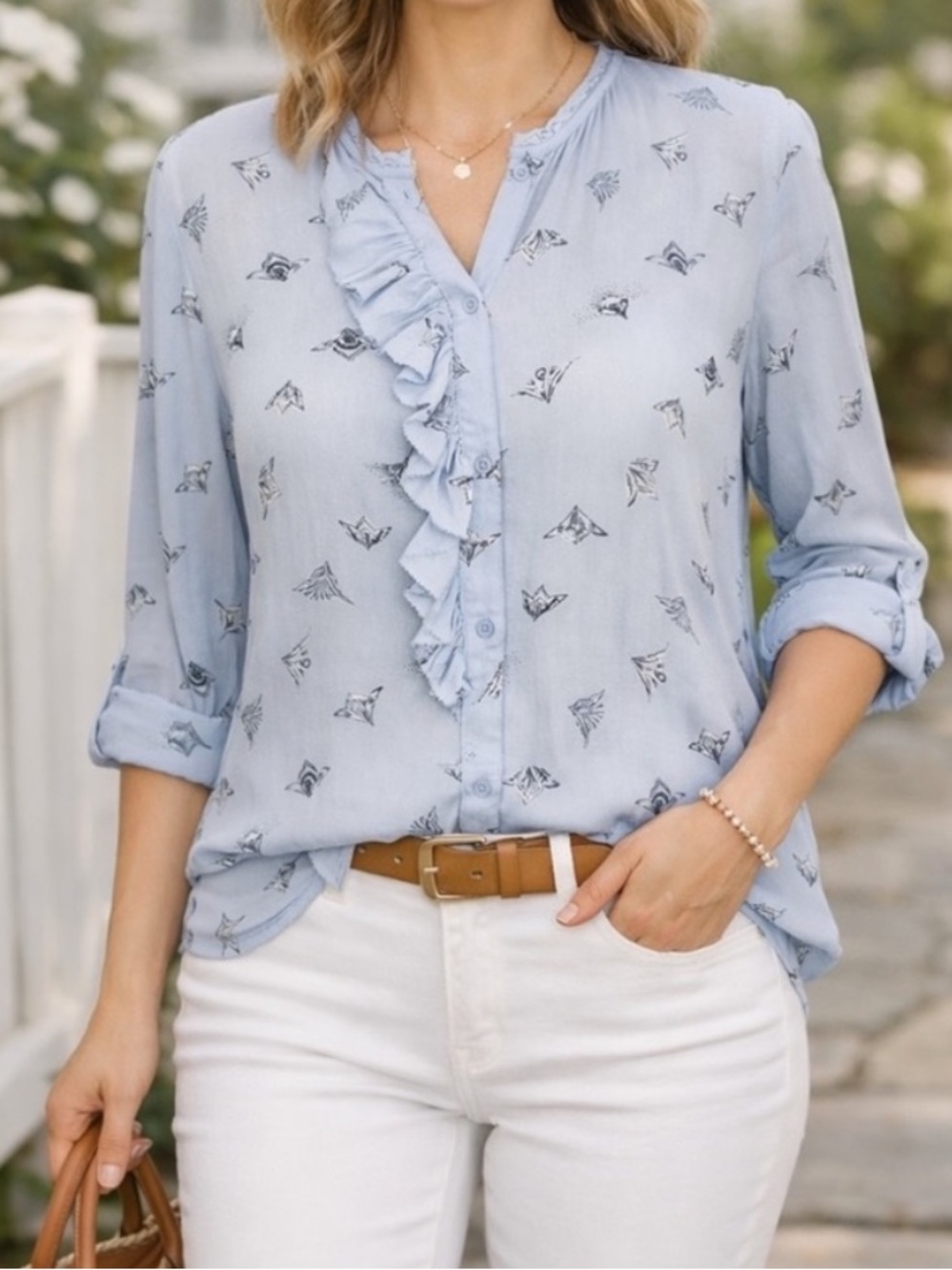 Hinge Nordstrom Ruffle Lightweight Long Sleeve Top Blue Cottagecore Medium